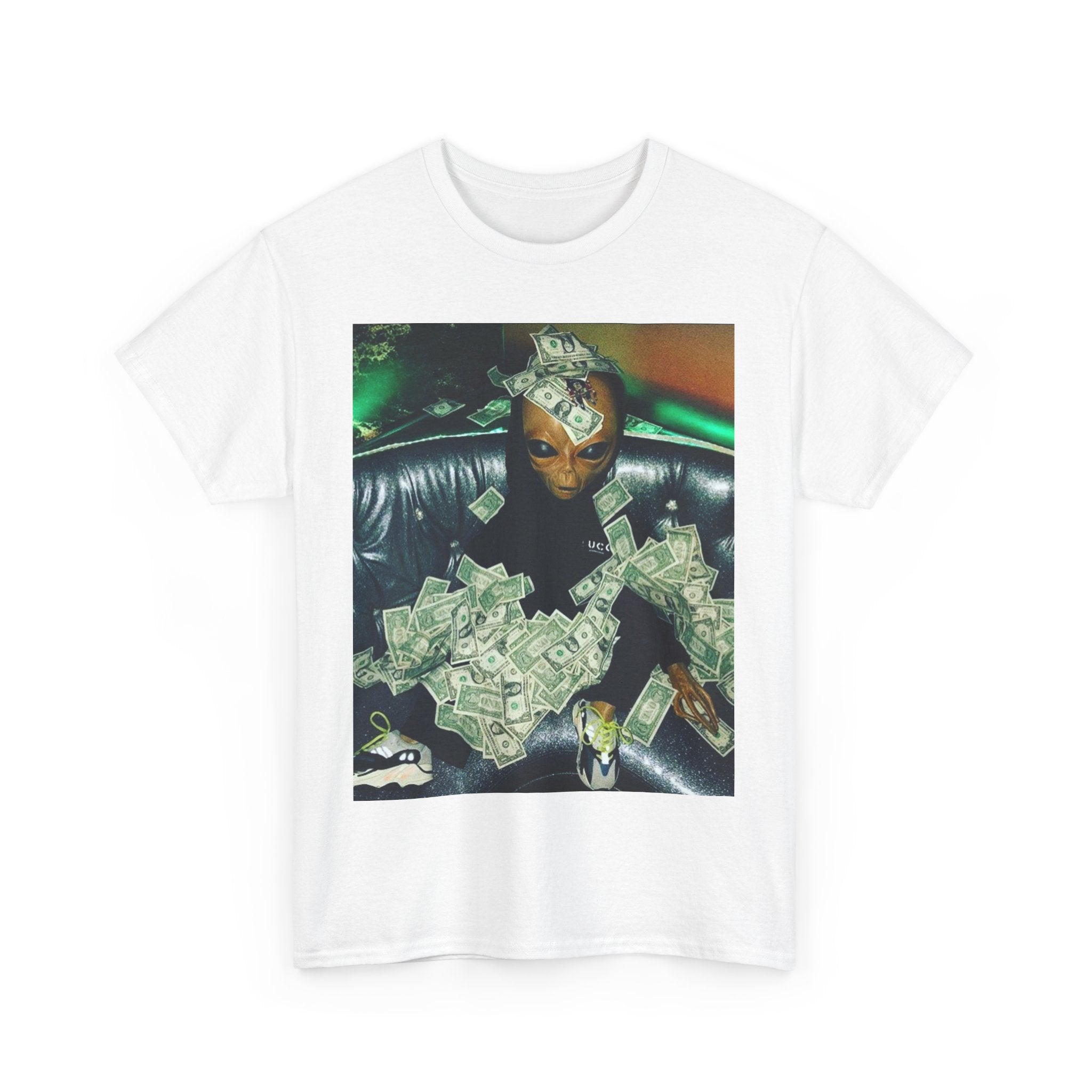 Money Alien Unisex Heavy Cotton Tee, Casual Style, Streetwear Fashion, Gift for Teens, Statement Shirt, Graphic Tee, Everyday Wear